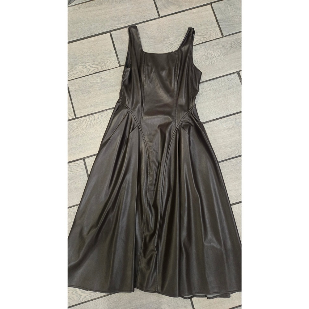 Self Contrast Faux Leather Midi Dress Brown Sleeveless A-Line Square Neck Small